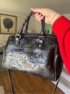 Patricia Nash Black Floral Embossed Leather Satchel Bag
